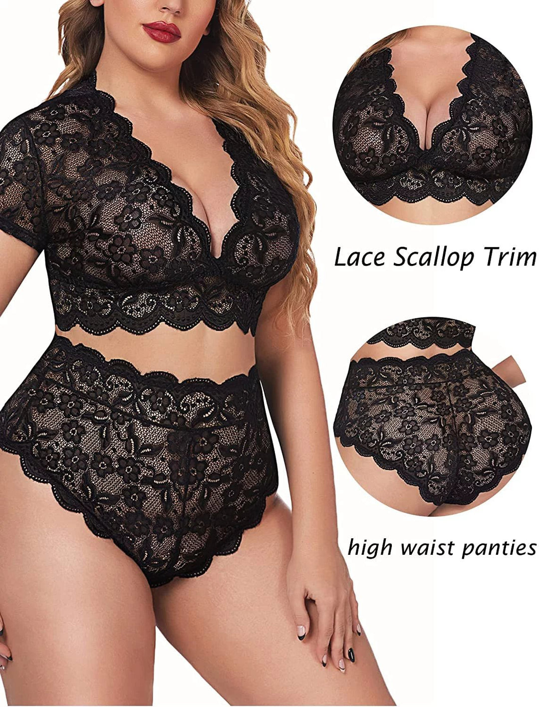 plus Size Lingerie plus Floral Lace Scallop Trim Lingerie Set Bra Panties Set(14W Black) Image 2