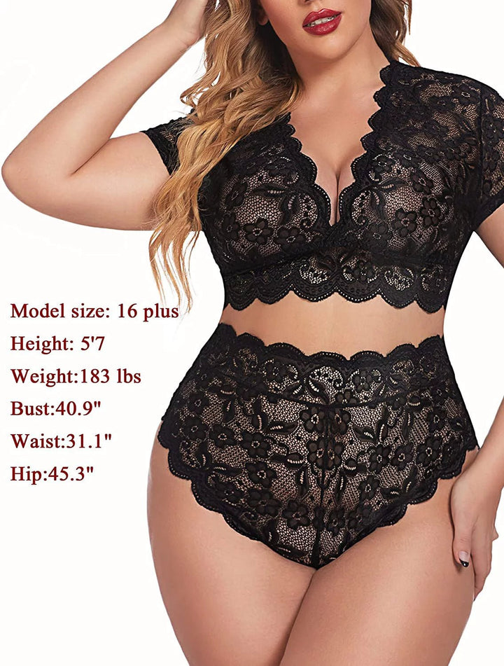 plus Size Lingerie plus Floral Lace Scallop Trim Lingerie Set Bra Panties Set(14W Black) Image 3