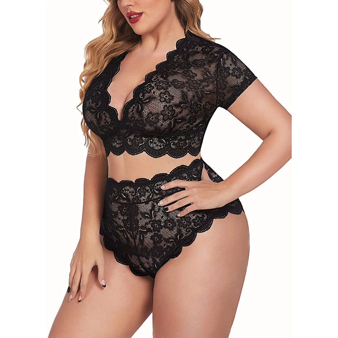 plus Size Lingerie plus Floral Lace Scallop Trim Lingerie Set Bra Panties Set(14W Black) Image 4