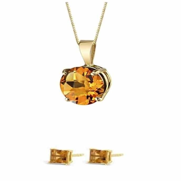 18K Yellow Gold Citrine Necklace 18 Inch and Square Earrings Set Gift Boxed Image 1