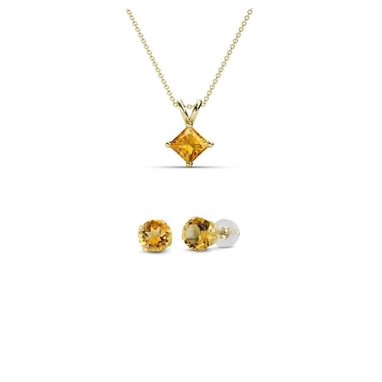 18K Yellow Gold 1/2ct Citrine Princess Cut Necklace and Earrings Set 18 Inch Image 1