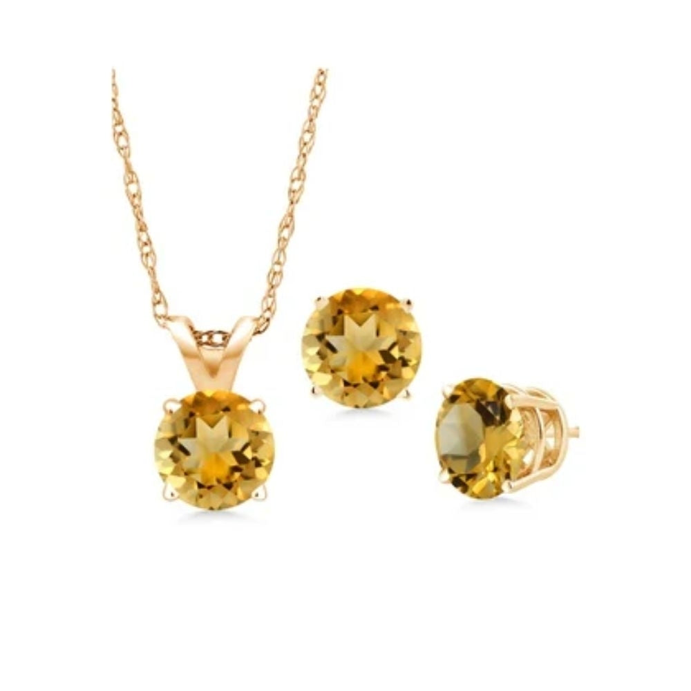 18K Yellow Gold Citrine 1ct Round 18 Inch Necklace Earrings Set Gift Boxed Image 1