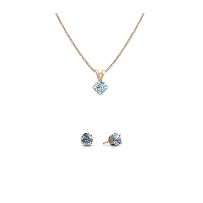 18K Rose Gold Aquamarine Princess Cut 1ct Necklace and Round Earrings Set Image 1