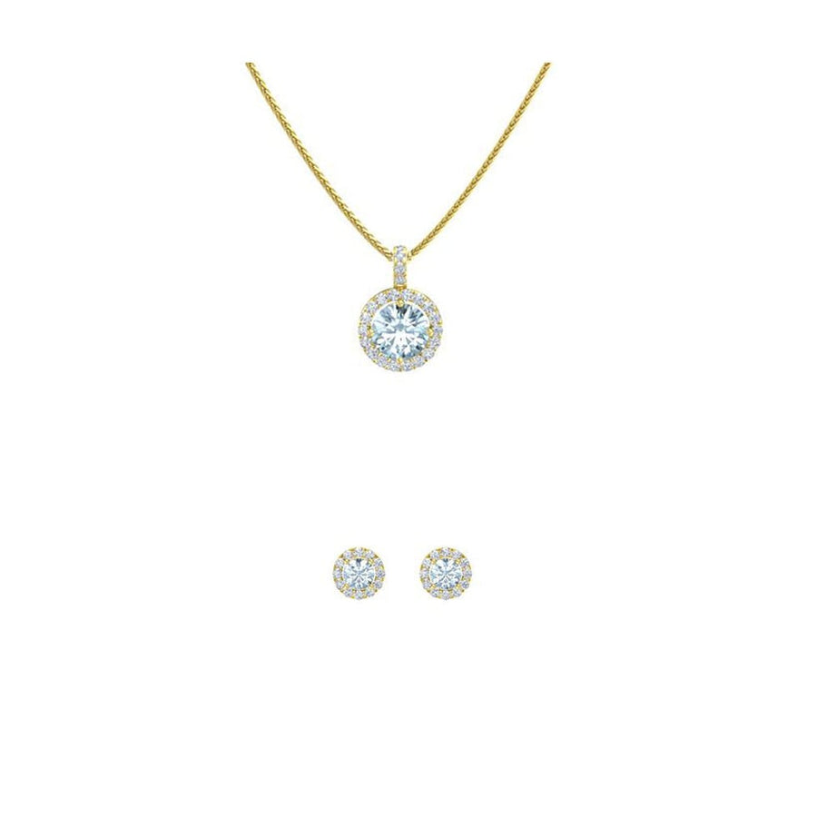 18K Yellow Gold 1ct Halo Aquamarine Necklace and Earrings Set Gift Boxed Image 1