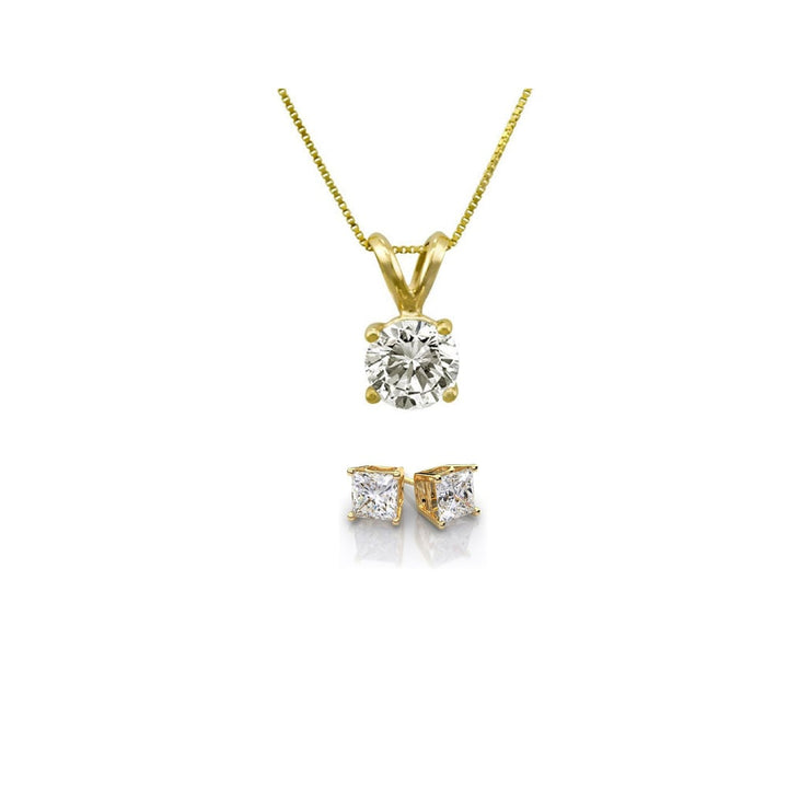 18K Yellow Gold 1ct White Sapphire Necklace 18 Inch Princess Cut Earrings Set Image 1