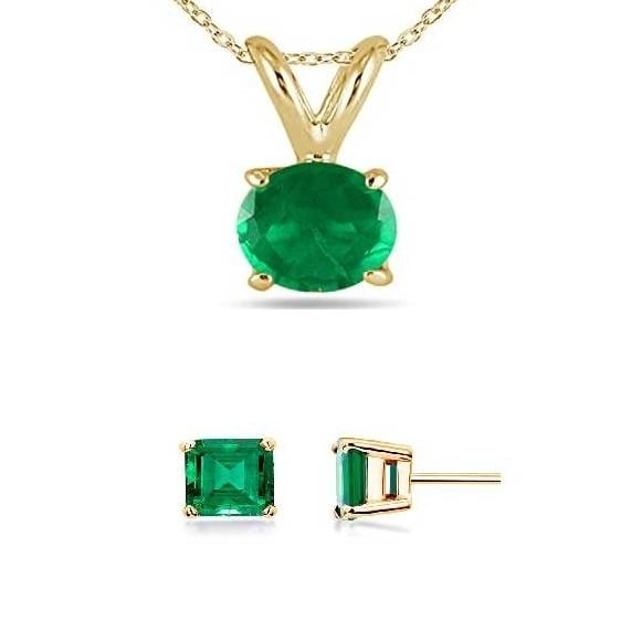 18K Yellow Gold Emerald Necklace 1ct Round Earrings Set 18 Inch Elegant Jewelry Image 1