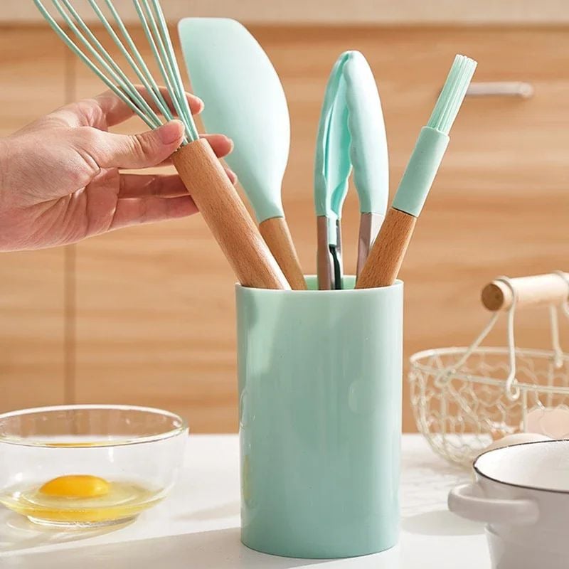 12-Piece Silicone Kitchen Utensil Set Food Grade Turner Spatula Measuring Spoons Image 1