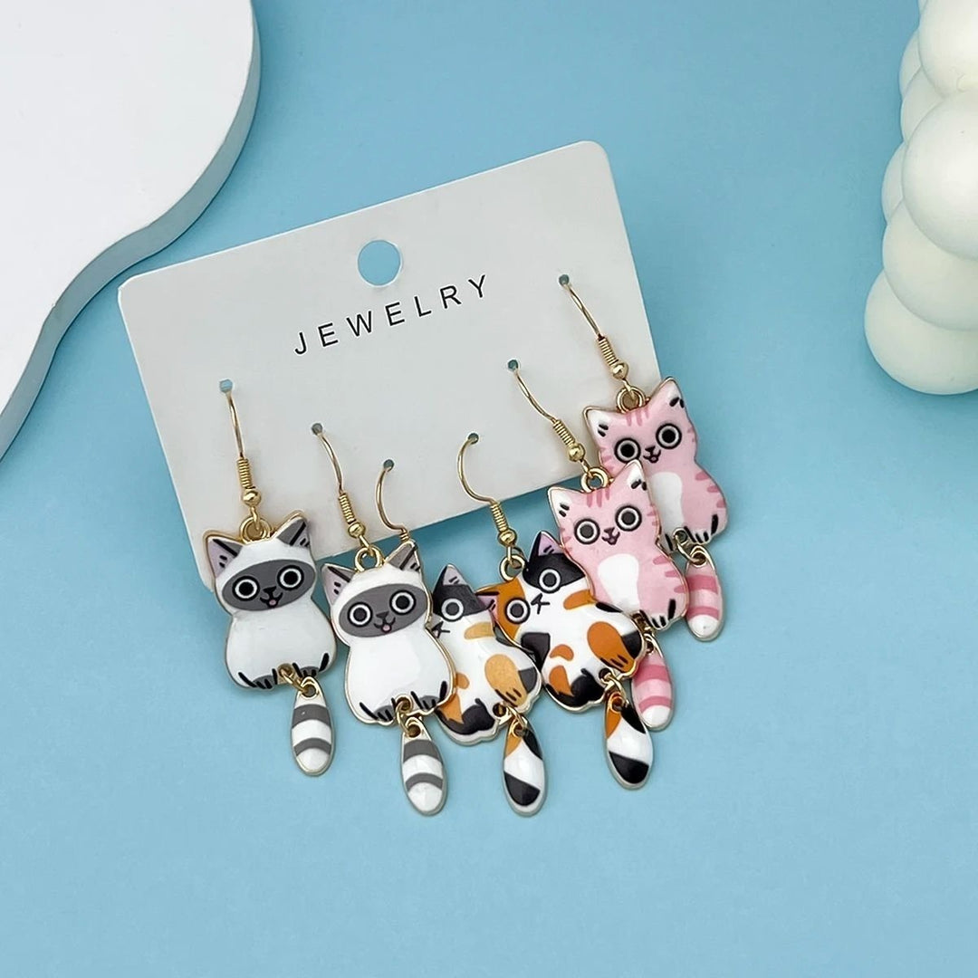 Colorful Cat Ear Earrings Dangle Jewelry Set 3 Pairs Enamel Alloy Gift for Women Image 4