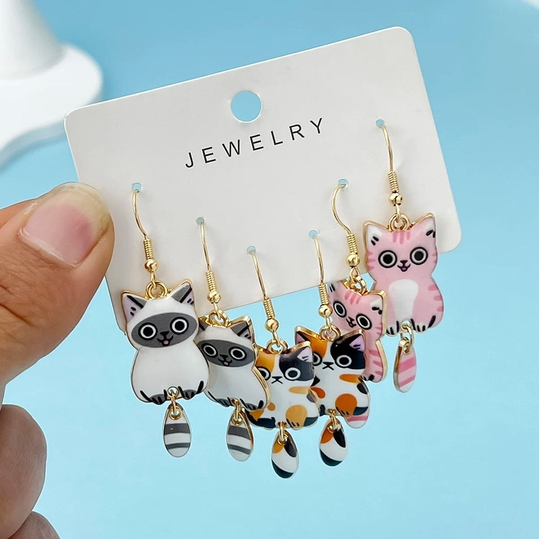 Colorful Cat Ear Earrings Dangle Jewelry Set 3 Pairs Enamel Alloy Gift for Women Image 1