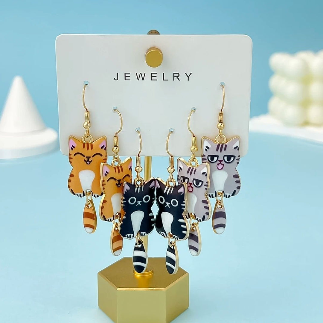 Colorful Cat Ear Earrings Dangle Jewelry Set 3 Pairs Enamel Alloy Gift for Women Image 1