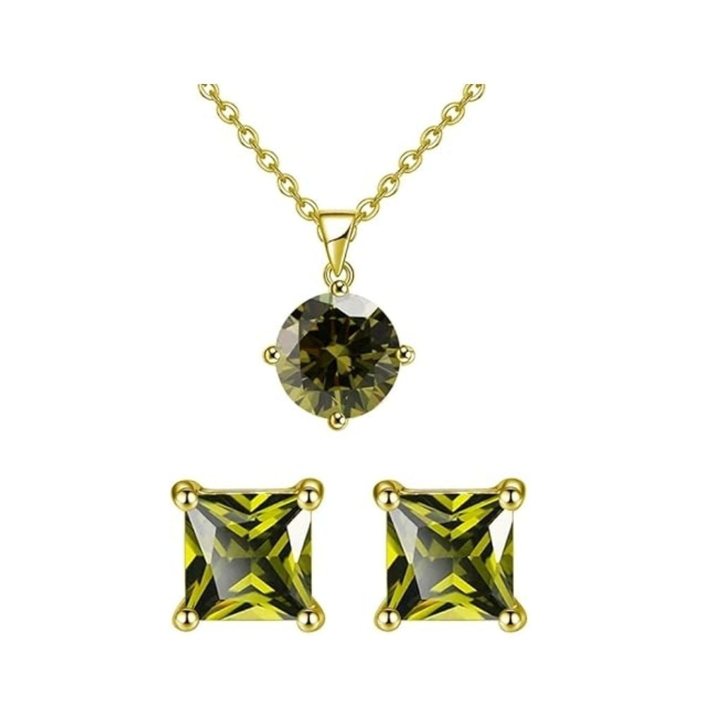 18K Yellow Gold 1ct Peridot Necklace Set 18 Inch Round Earrings Gift Boxed Image 1