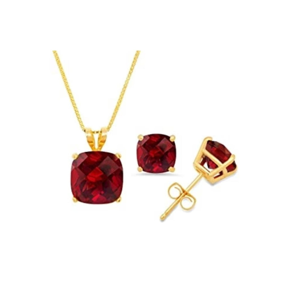 18K Yellow Gold 1ct Garnet Necklace Earrings Set 18 Inch Fashion Jewelry Image 1