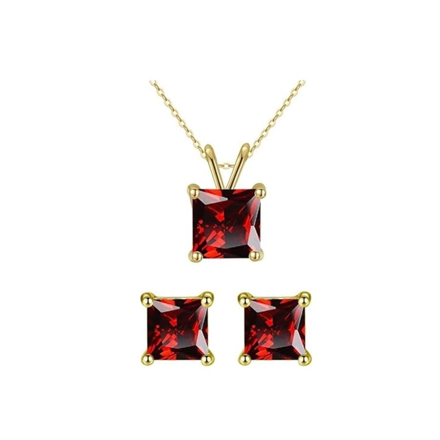 18K Gold Ruby Square Necklace Earrings Set 4ct 18 Inch Gift Boxed Fashion Jewelry Image 1