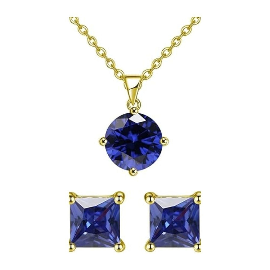 18K Yellow Gold 3ct Blue Sapphire Necklace and Square Earrings Set 18 Inch Image 1