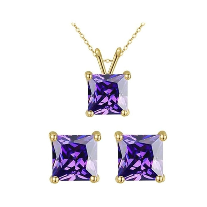 18K Yellow Gold 2ct Amethyst Square Necklace Earrings Set 18 Inch Gift Boxed Image 1