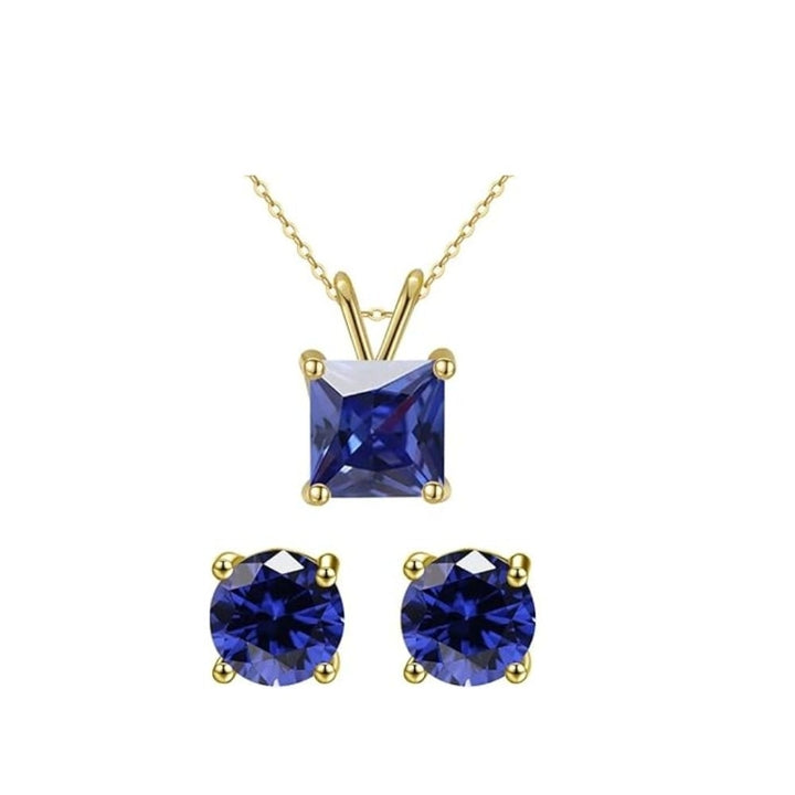 18K Gold Blue Sapphire Princess Cut Necklace 18 Inch Earrings Set Gift Boxed Image 1