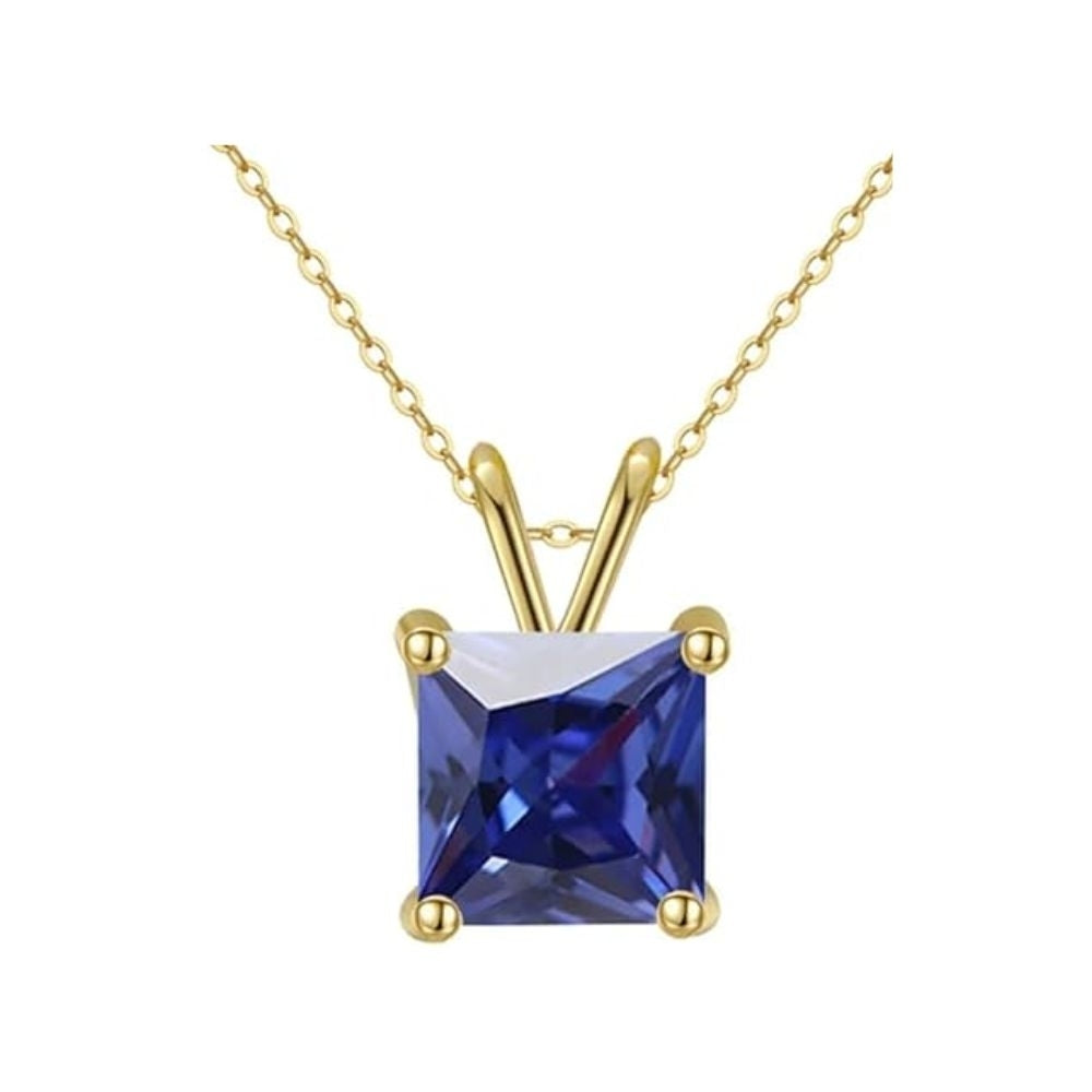 18K Gold Blue Sapphire Princess Cut Necklace 18 Inch Earrings Set Gift Boxed Image 2