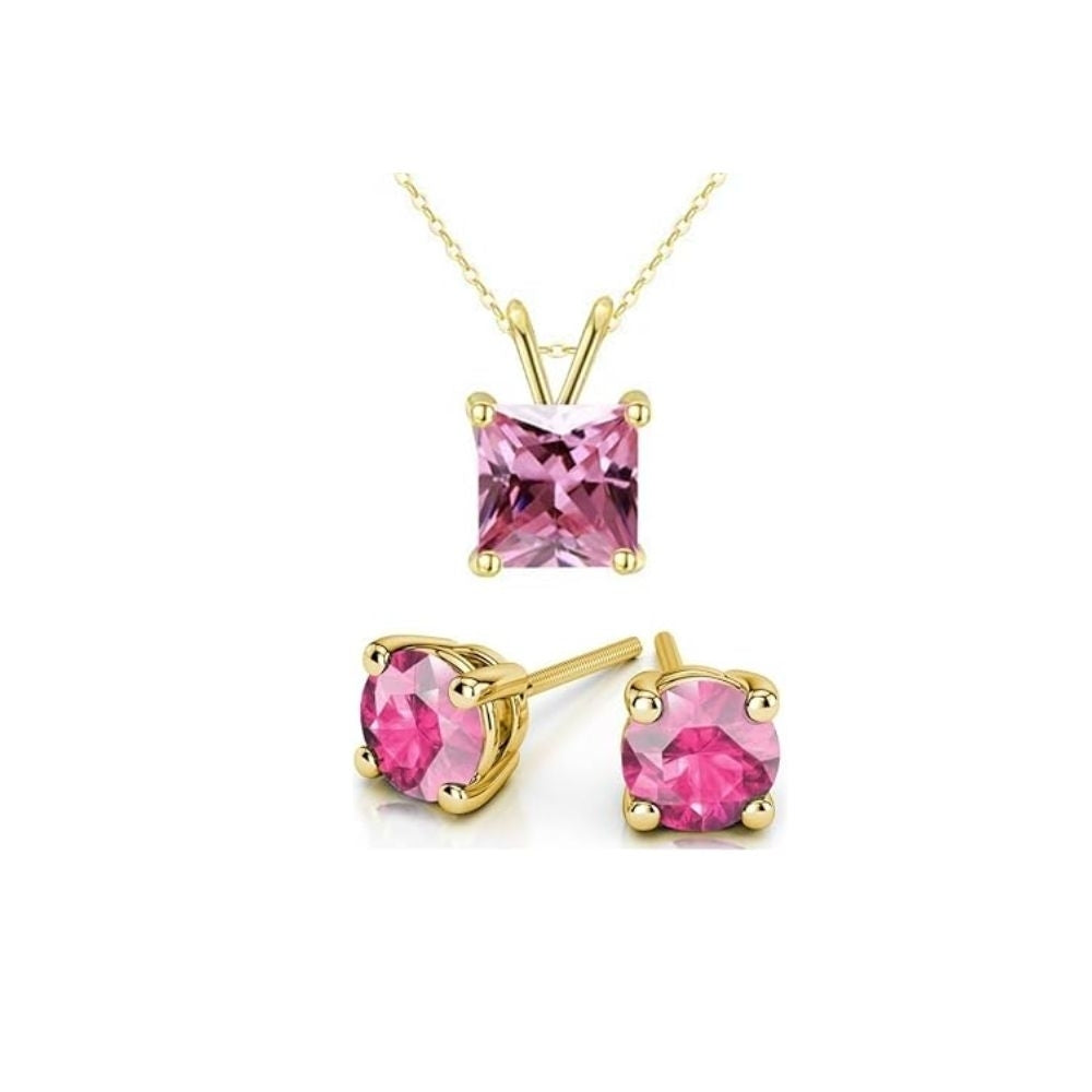 18K Yellow Gold 2ct Pink Sapphire Necklace 18 Inch Earrings Set Gift Boxed Image 1