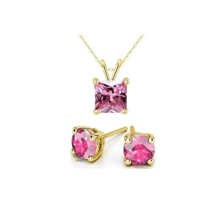 18K Yellow Gold 2ct Pink Sapphire Necklace 18 Inch Earrings Set Gift Boxed Image 1