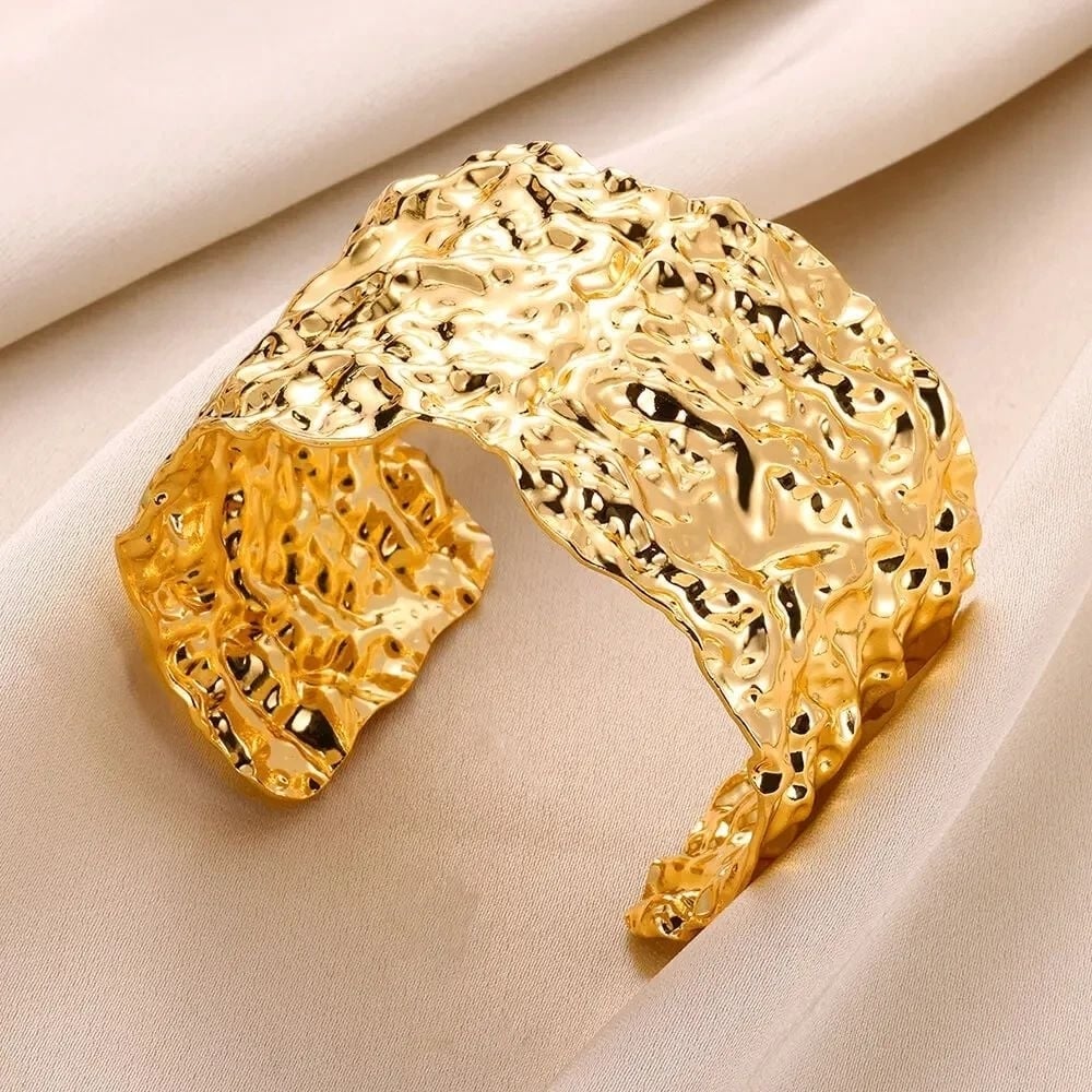 Classic Bump Pattern Cuff Bracelet Gold Stainless Steel Bangle for Women Gift Image 3