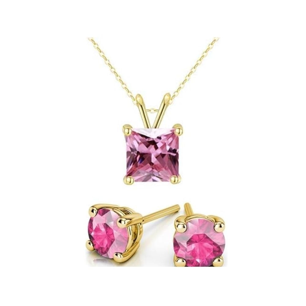 18K Yellow Gold 2ct Pink Sapphire Necklace and Earrings Set Gift Boxed 18 Inch Image 1