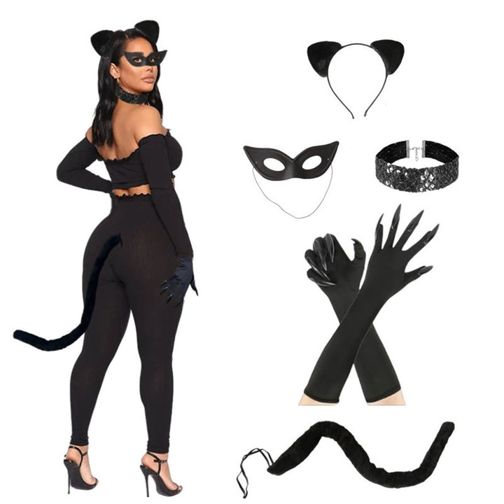 5 Pcs/Set Cosplay Cat Eye Cover Hairband Gloves And Tail Set Halloween Masquerade Performance Prop Wedding Night Slutty Image 1