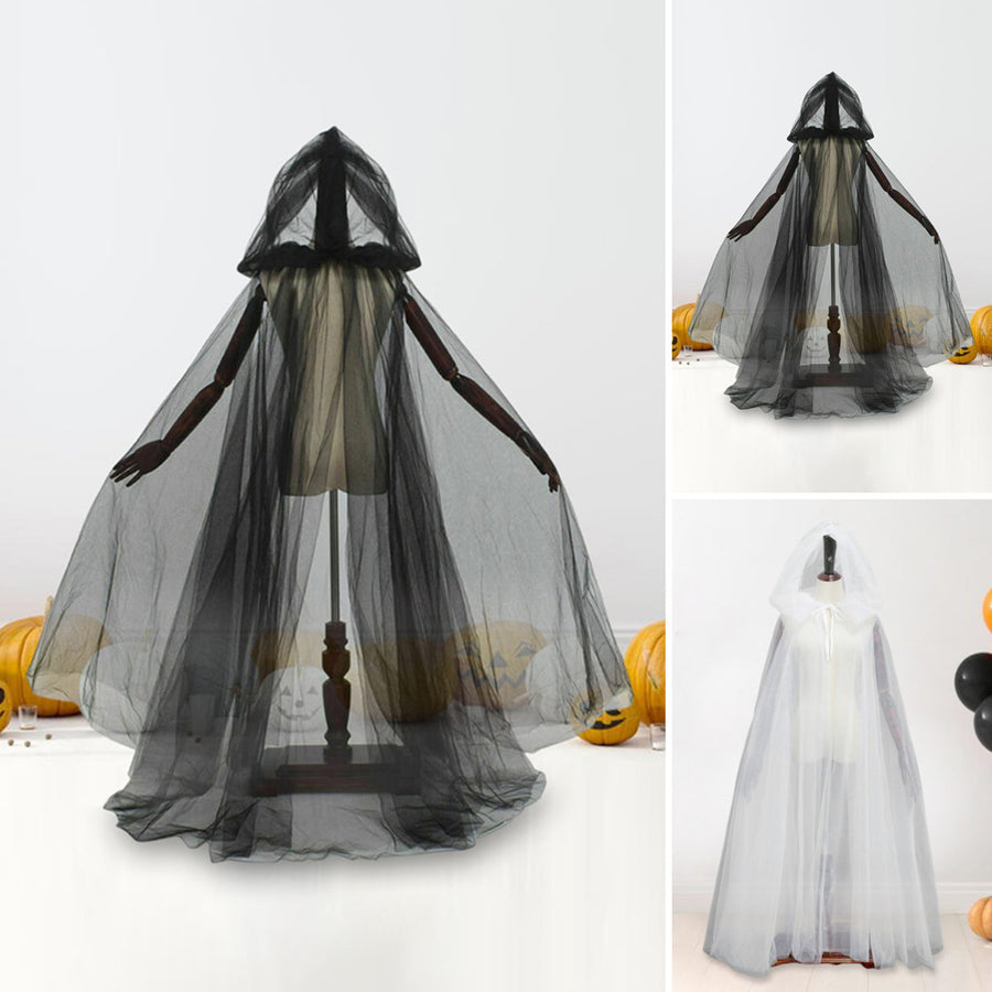 Halloween Cosplay Cloak Ghost Mesh Hooded Drawstring Pleated Floor Length Gothic Medieval Performance Capes Costumes Image 1