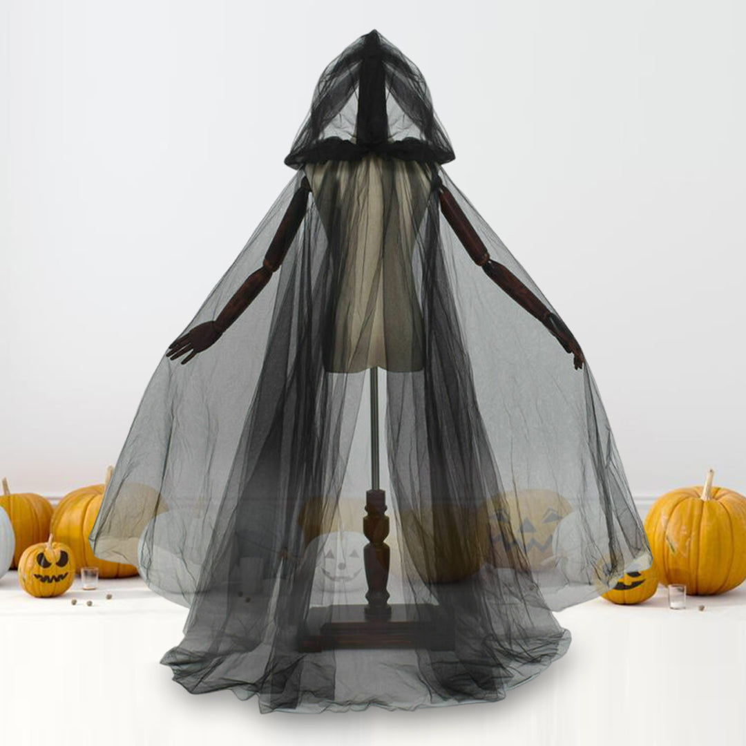 Halloween Cosplay Cloak Ghost Mesh Hooded Drawstring Pleated Floor Length Gothic Medieval Performance Capes Costumes Image 2