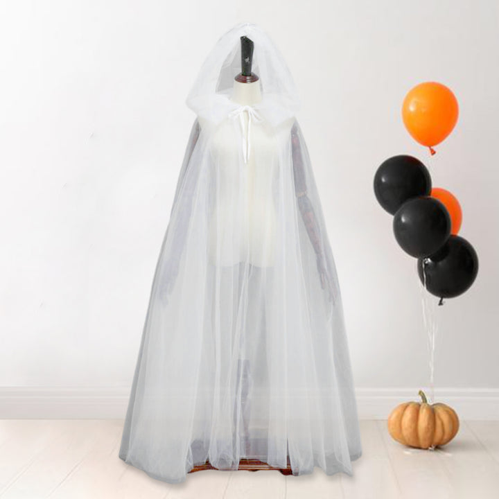 Halloween Cosplay Cloak Ghost Mesh Hooded Drawstring Pleated Floor Length Gothic Medieval Performance Capes Costumes Image 3