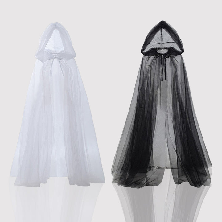 Halloween Cosplay Cloak Ghost Mesh Hooded Drawstring Pleated Floor Length Gothic Medieval Performance Capes Costumes Image 4