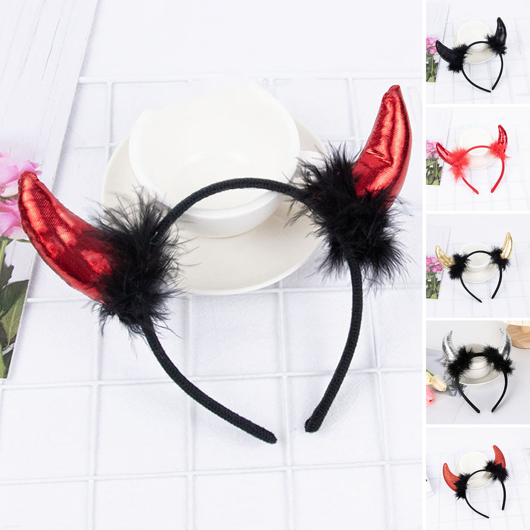 Devil Horn Decor Headband Plush Fabric Handmade Lightweight Elastic Design Hair Hoop Cosplay Parties Halloween Image 1