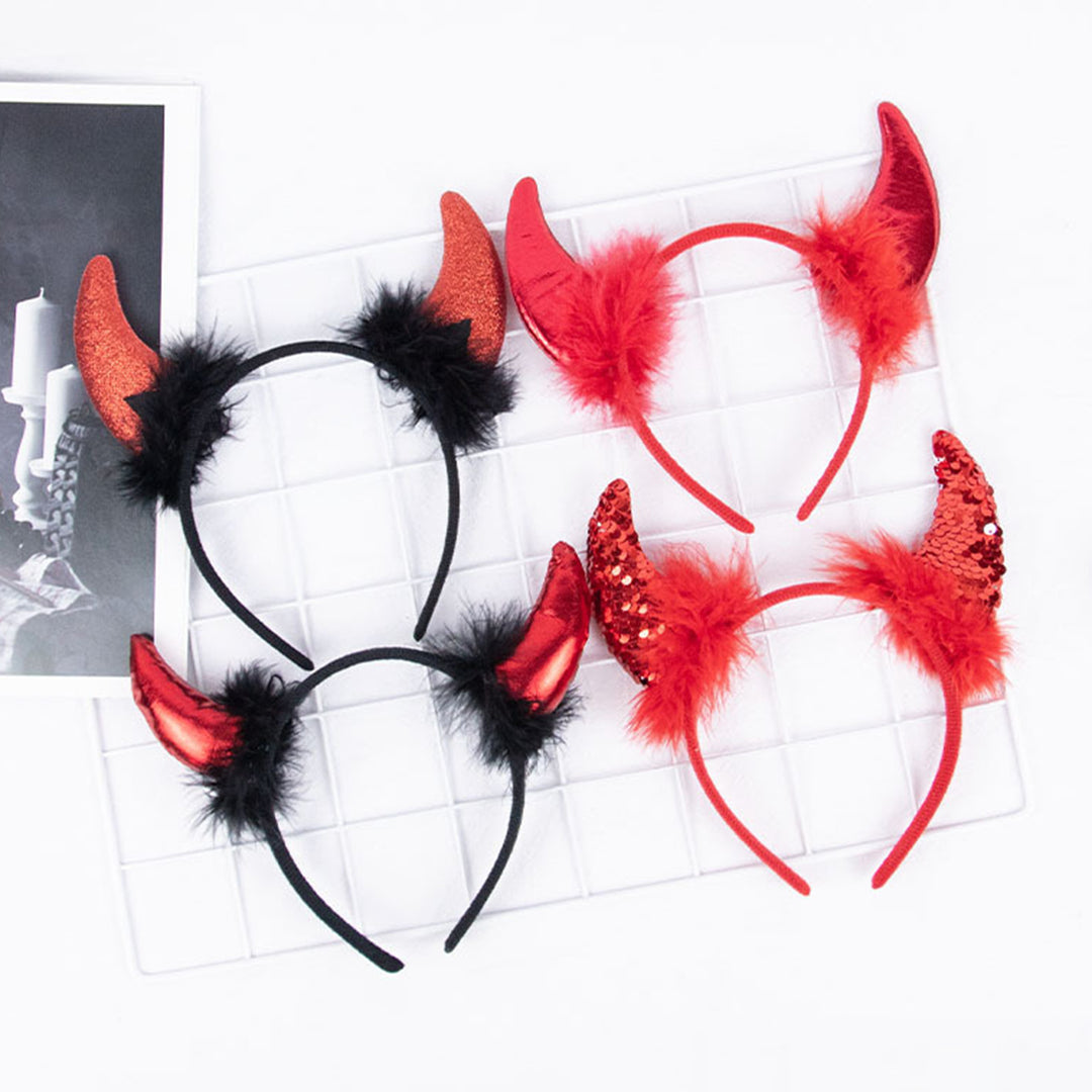 Devil Horn Decor Headband Plush Fabric Handmade Lightweight Elastic Design Hair Hoop Cosplay Parties Halloween Image 8