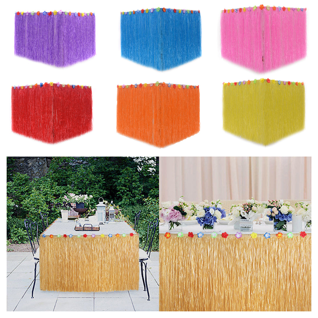 Hawaiian Theme Table Skirt with Flower Waterproof Reusable Dense Tropical Beach Jungle Parties Party Decoration Grass Image 10