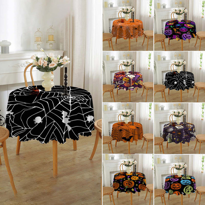 Halloween Table Cloth Spider Web Pumpkin Witch Print Flower Edge Round Shape Easy Care Table Protection Banquets Party Image 1