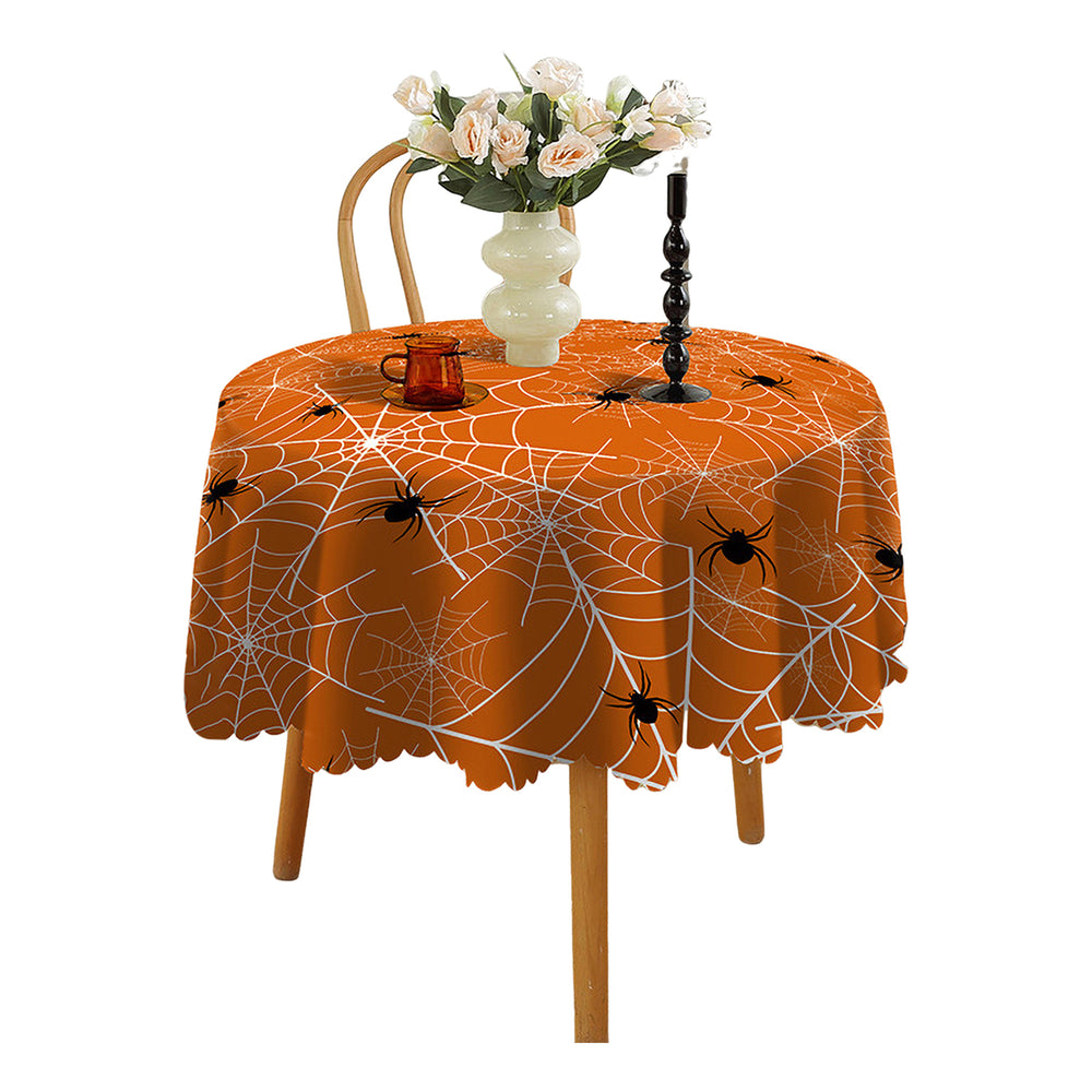 Halloween Table Cloth Spider Web Pumpkin Witch Print Flower Edge Round Shape Easy Care Table Protection Banquets Party Image 2