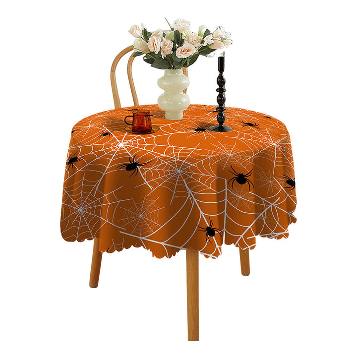 Halloween Table Cloth Spider Web Pumpkin Witch Print Flower Edge Round Shape Easy Care Table Protection Banquets Party Image 1