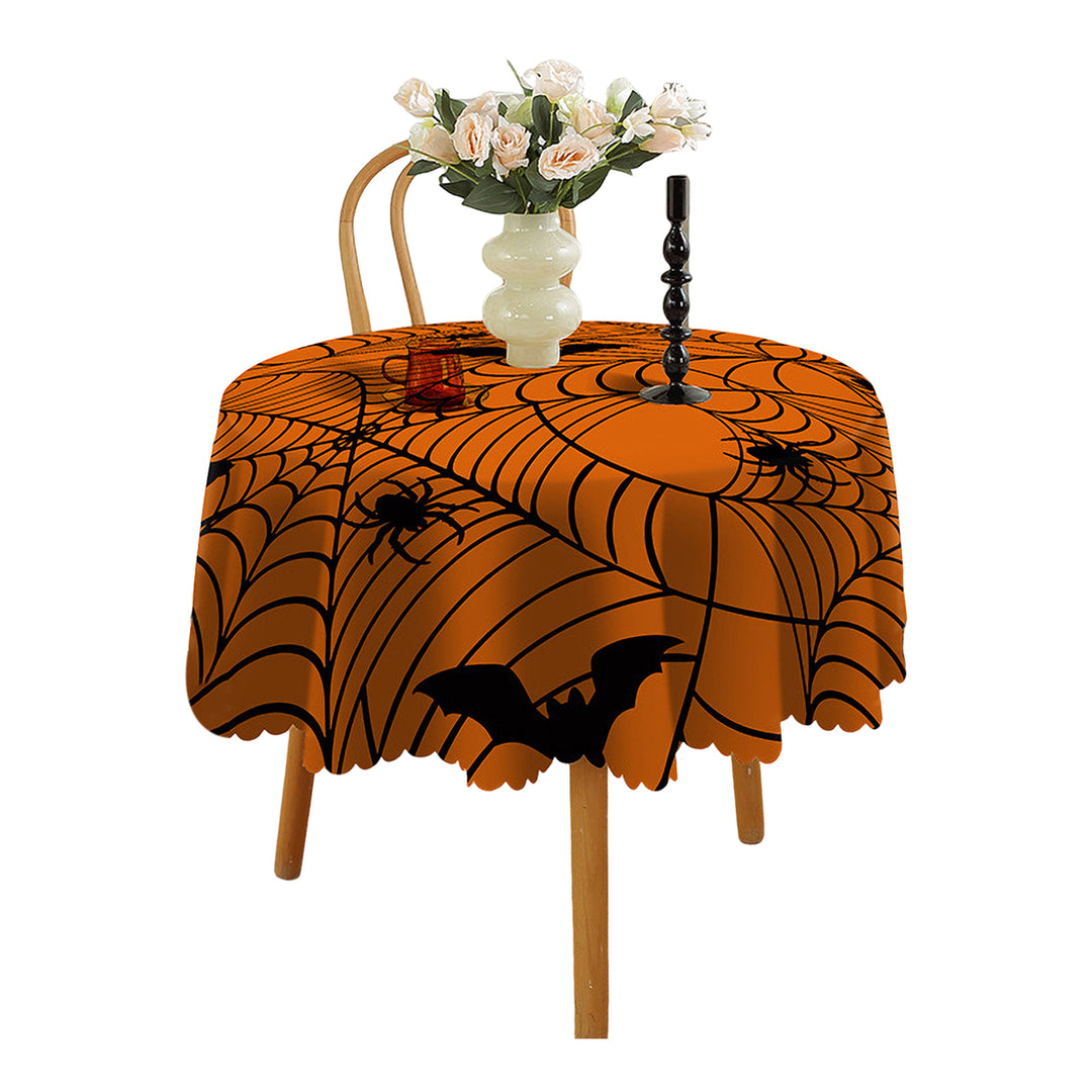 Halloween Table Cloth Spider Web Pumpkin Witch Print Flower Edge Round Shape Easy Care Table Protection Banquets Party Image 4