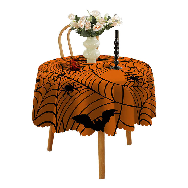 Halloween Table Cloth Spider Web Pumpkin Witch Print Flower Edge Round Shape Easy Care Table Protection Banquets Party Image 1