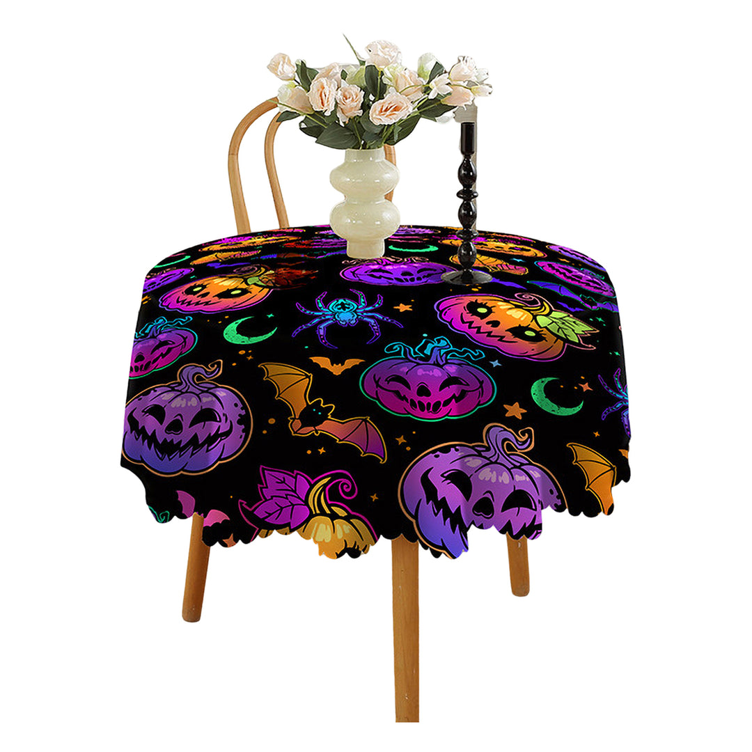 Halloween Table Cloth Spider Web Pumpkin Witch Print Flower Edge Round Shape Easy Care Table Protection Banquets Party Image 6