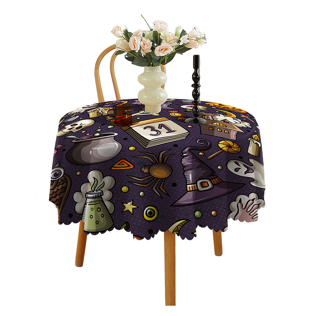 Halloween Table Cloth Spider Web Pumpkin Witch Print Flower Edge Round Shape Easy Care Table Protection Banquets Party Image 7