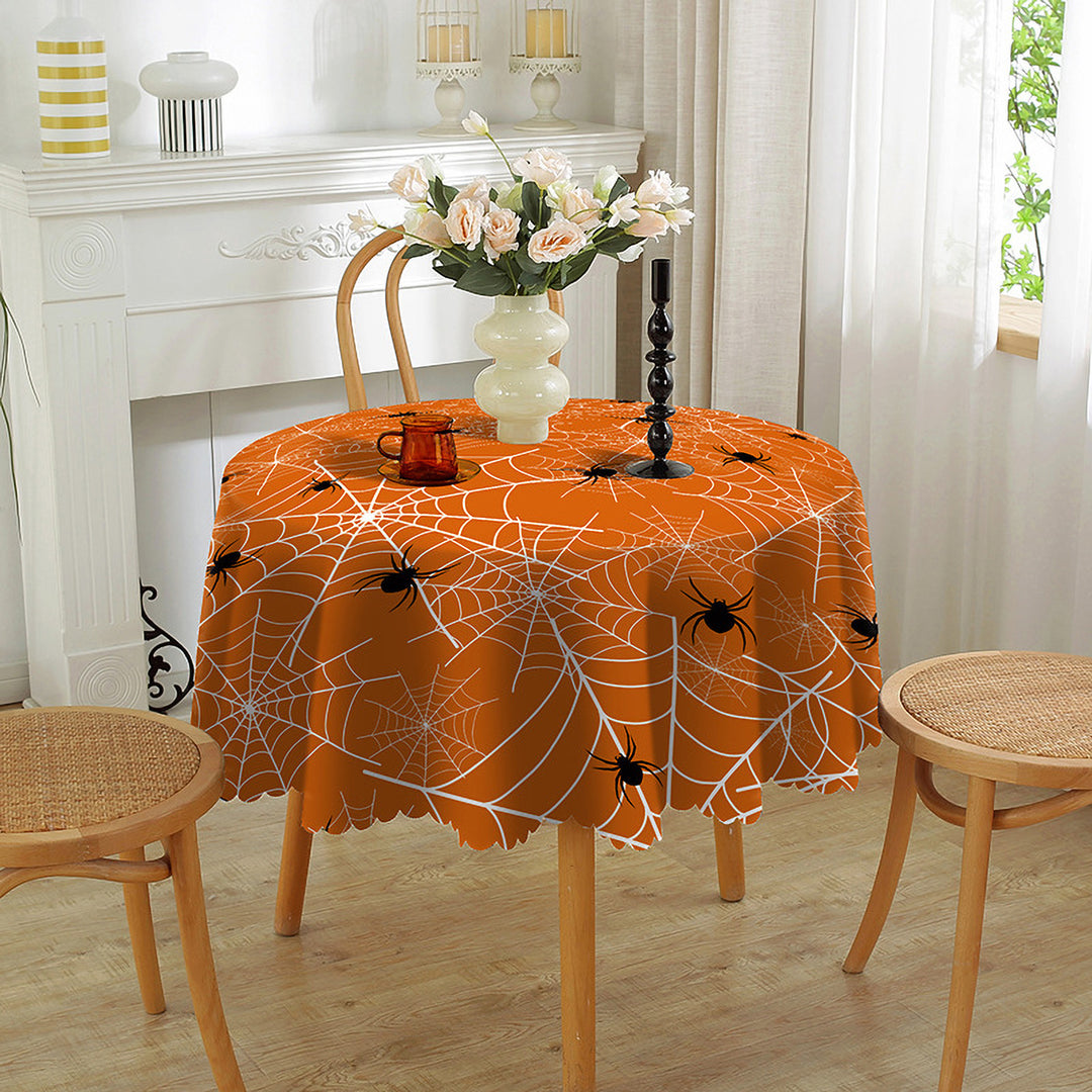 Halloween Table Cloth Spider Web Pumpkin Witch Print Flower Edge Round Shape Easy Care Table Protection Banquets Party Image 10