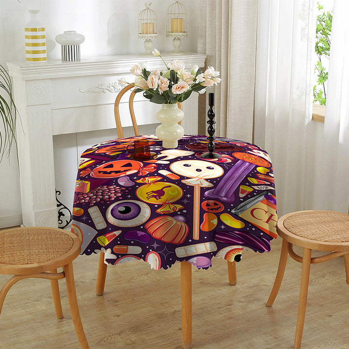 Halloween Table Cloth Spider Web Pumpkin Witch Print Flower Edge Round Shape Easy Care Table Protection Banquets Party Image 11