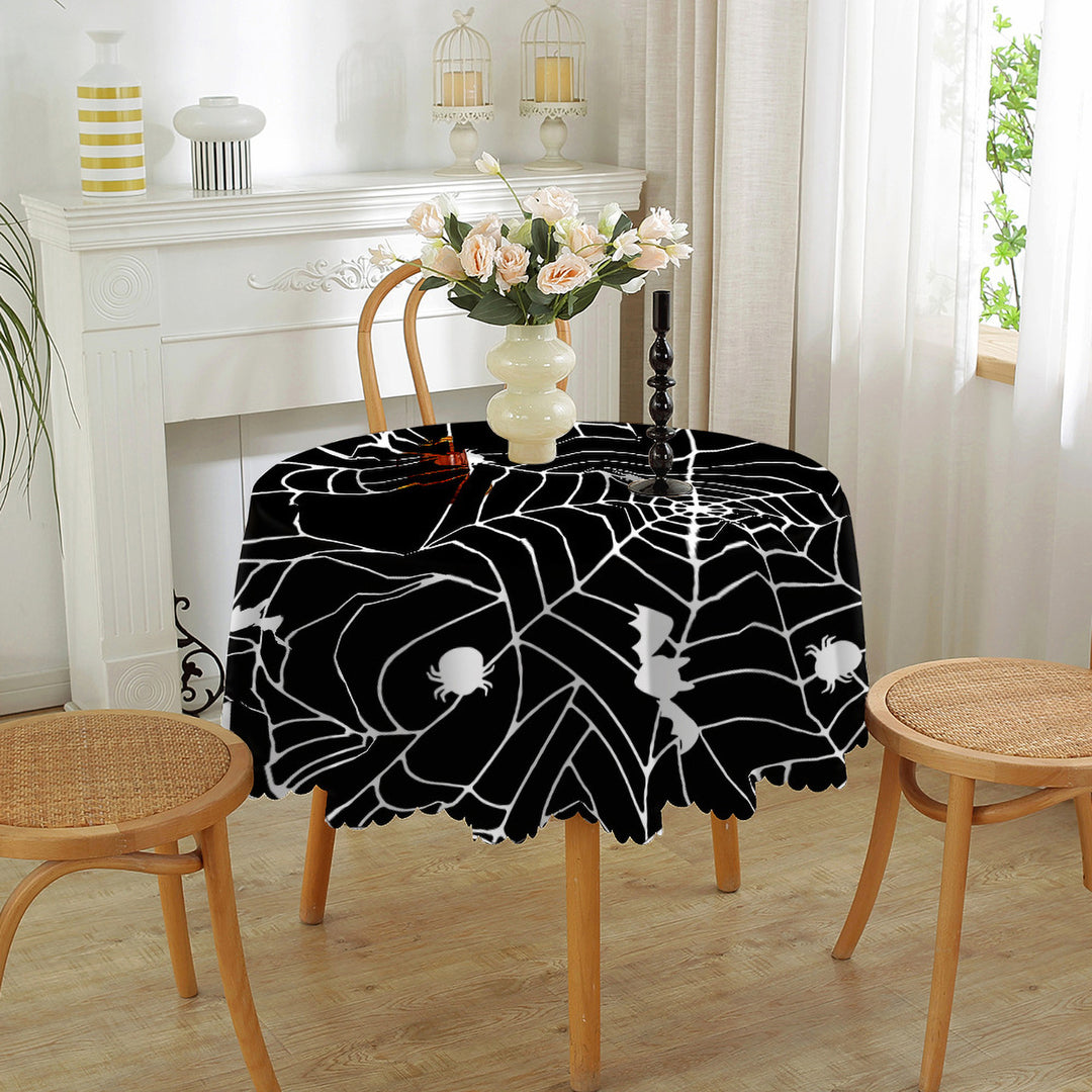 Halloween Table Cloth Spider Web Pumpkin Witch Print Flower Edge Round Shape Easy Care Table Protection Banquets Party Image 12