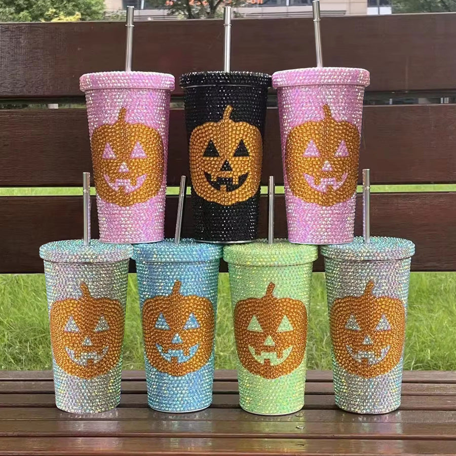 Halloween Vacuum Cup 500ml Bling Rhinestone Stainless Steel Insulated Tumbler with Lid And Straw Pumpkin Head Design Hot Image 1