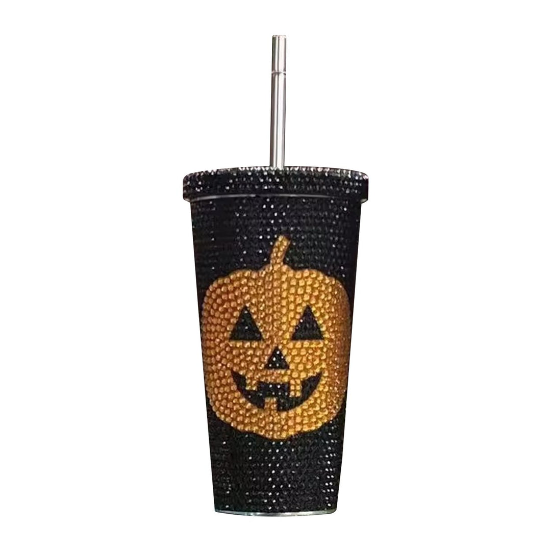 Halloween Vacuum Cup 500ml Bling Rhinestone Stainless Steel Insulated Tumbler with Lid And Straw Pumpkin Head Design Hot Image 2