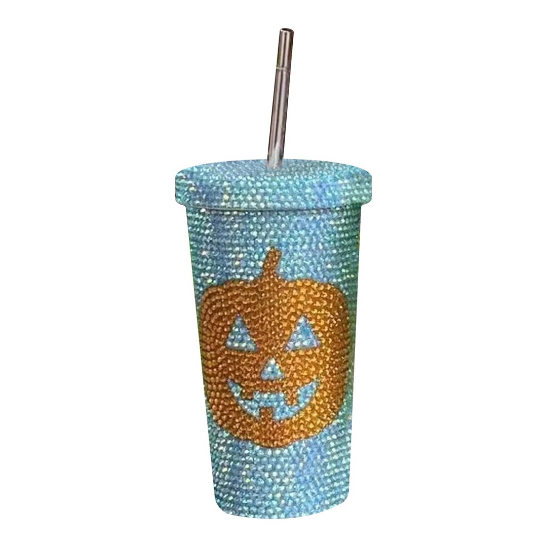 Halloween Vacuum Cup 500ml Bling Rhinestone Stainless Steel Insulated Tumbler with Lid And Straw Pumpkin Head Design Hot Image 3