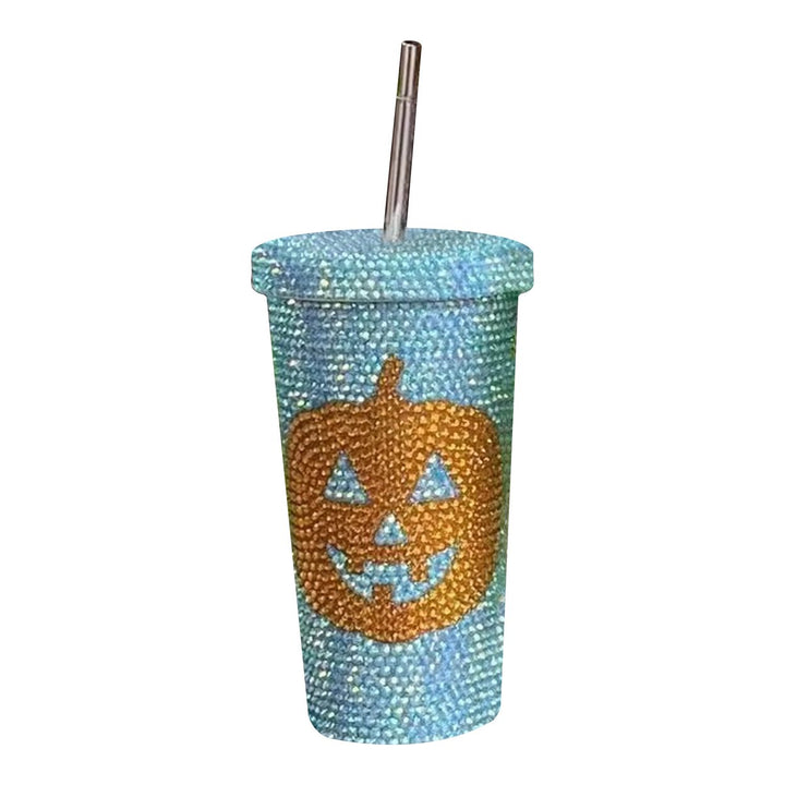 Halloween Vacuum Cup 500ml Bling Rhinestone Stainless Steel Insulated Tumbler with Lid And Straw Pumpkin Head Design Hot Image 1