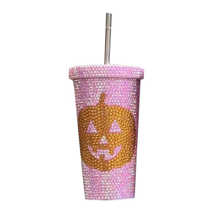 Halloween Vacuum Cup 500ml Bling Rhinestone Stainless Steel Insulated Tumbler with Lid And Straw Pumpkin Head Design Hot Image 4