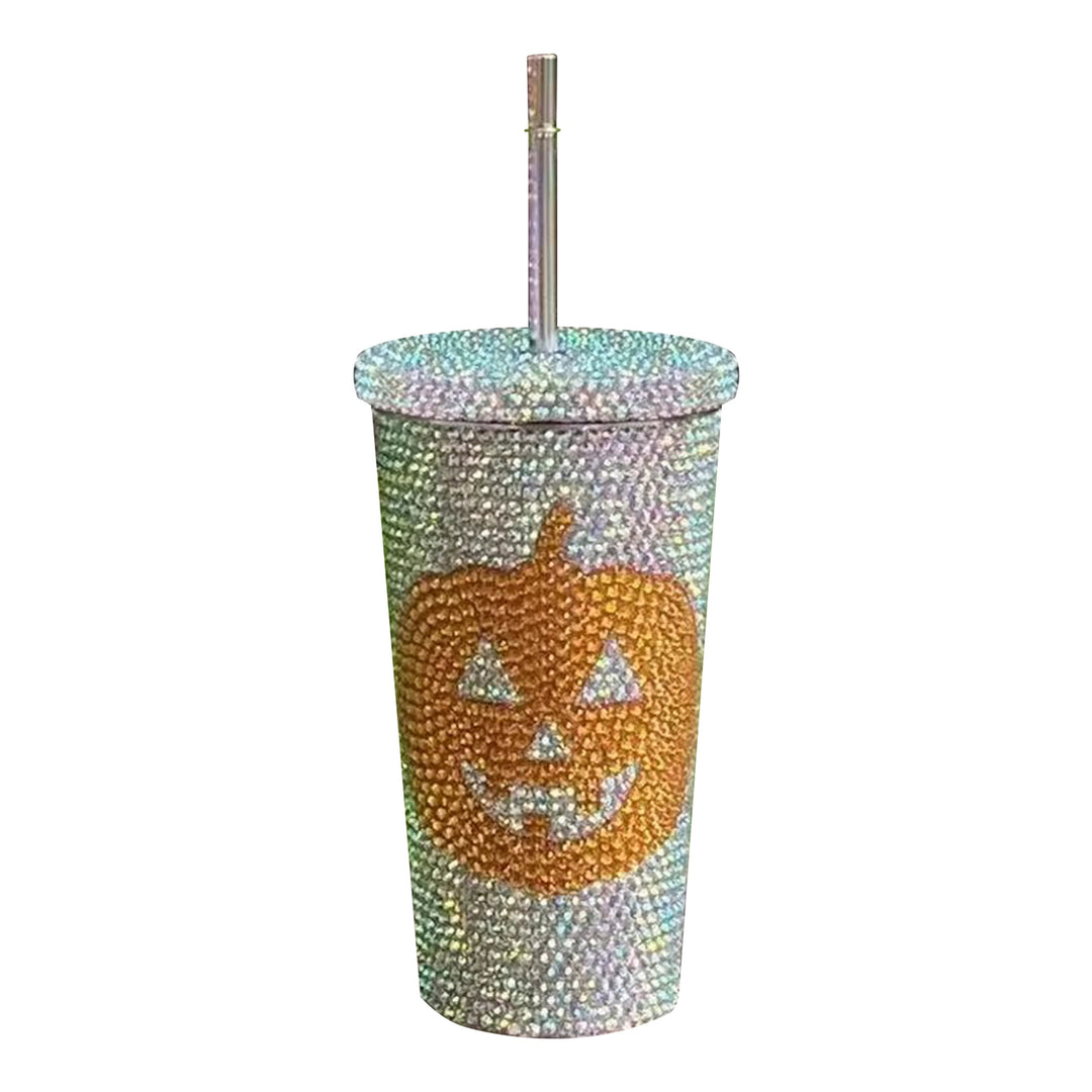 Halloween Vacuum Cup 500ml Bling Rhinestone Stainless Steel Insulated Tumbler with Lid And Straw Pumpkin Head Design Hot Image 6