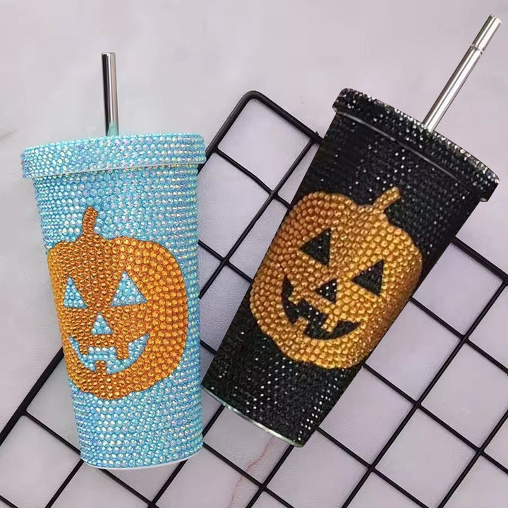 Halloween Vacuum Cup 500ml Bling Rhinestone Stainless Steel Insulated Tumbler with Lid And Straw Pumpkin Head Design Hot Image 7